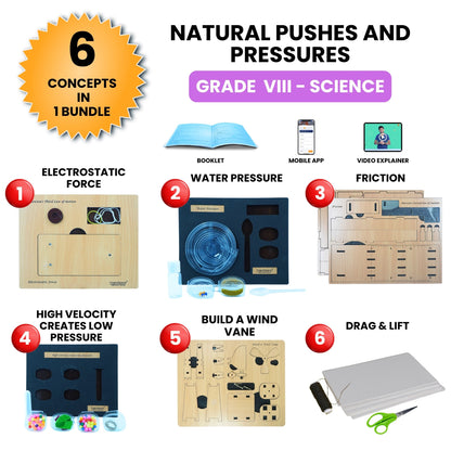 Practiko Class 8 Science Kit – Natural Pushes and Pressures experiment setup; Student performing Natural Pushes and Pressures activity – Practiko science learning kit; Science concept demonstration from Natural Pushes and Pressures kit by Practiko; Hands-on learning with Practiko Natural Pushes and Pressures science STEM kit; Natural Pushes and Pressures kit materials and tools for Grade 8 science experiments