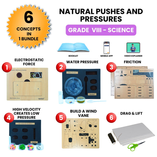 Practiko Class 8 Science Kit – Natural Pushes and Pressures experiment setup; Student performing Natural Pushes and Pressures activity – Practiko science learning kit; Science concept demonstration from Natural Pushes and Pressures kit by Practiko; Hands-on learning with Practiko Natural Pushes and Pressures science STEM kit; Natural Pushes and Pressures kit materials and tools for Grade 8 science experiments