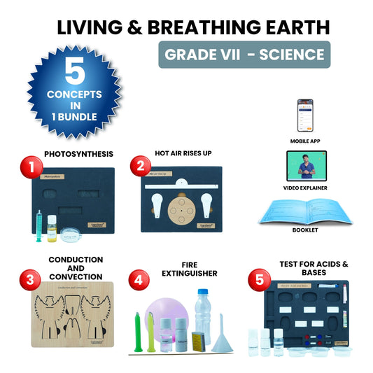 Practiko Class 7 Science Kit – Living & Breathing Earth experiment setup; Student performing Living & Breathing Earth activity – Practiko science learning kit; Science concept demonstration from Living & Breathing Earth kit by Practiko; Hands-on learning with Practiko Living & Breathing Earth science STEM kit; Living & Breathing Earth kit materials and tools for Grade 7 science experiments