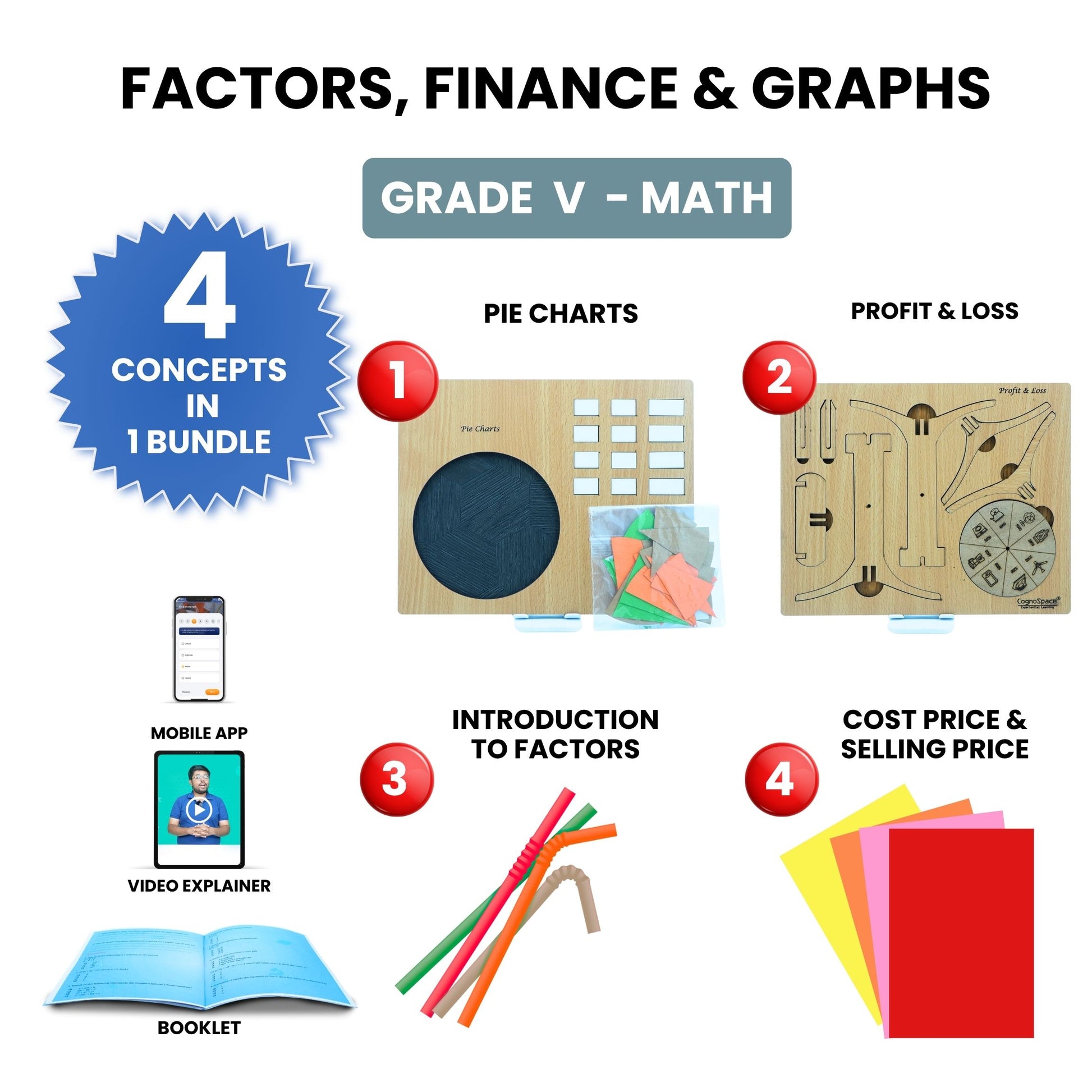Practiko Class 5 Math Kit – Factors, Finance & Graphs experiment setup; Student performing Factors, Finance & Graphs activity – Practiko math learning kit; Math concept demonstration from Factors, Finance & Graphs kit by Practiko; Hands-on learning with Practiko Factors, Finance & Graphs math STEM kit; Factors, Finance & Graphs kit materials and tools for Grade 5 math experiments
