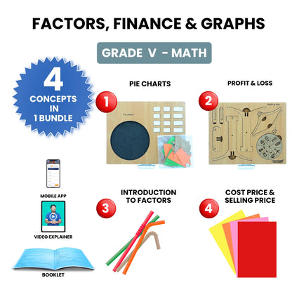 Practiko Class 5 Math Kit – Factors, Finance & Graphs experiment setup; Student performing Factors, Finance & Graphs activity – Practiko math learning kit; Math concept demonstration from Factors, Finance & Graphs kit by Practiko; Hands-on learning with Practiko Factors, Finance & Graphs math STEM kit; Factors, Finance & Graphs kit materials and tools for Grade 5 math experiments