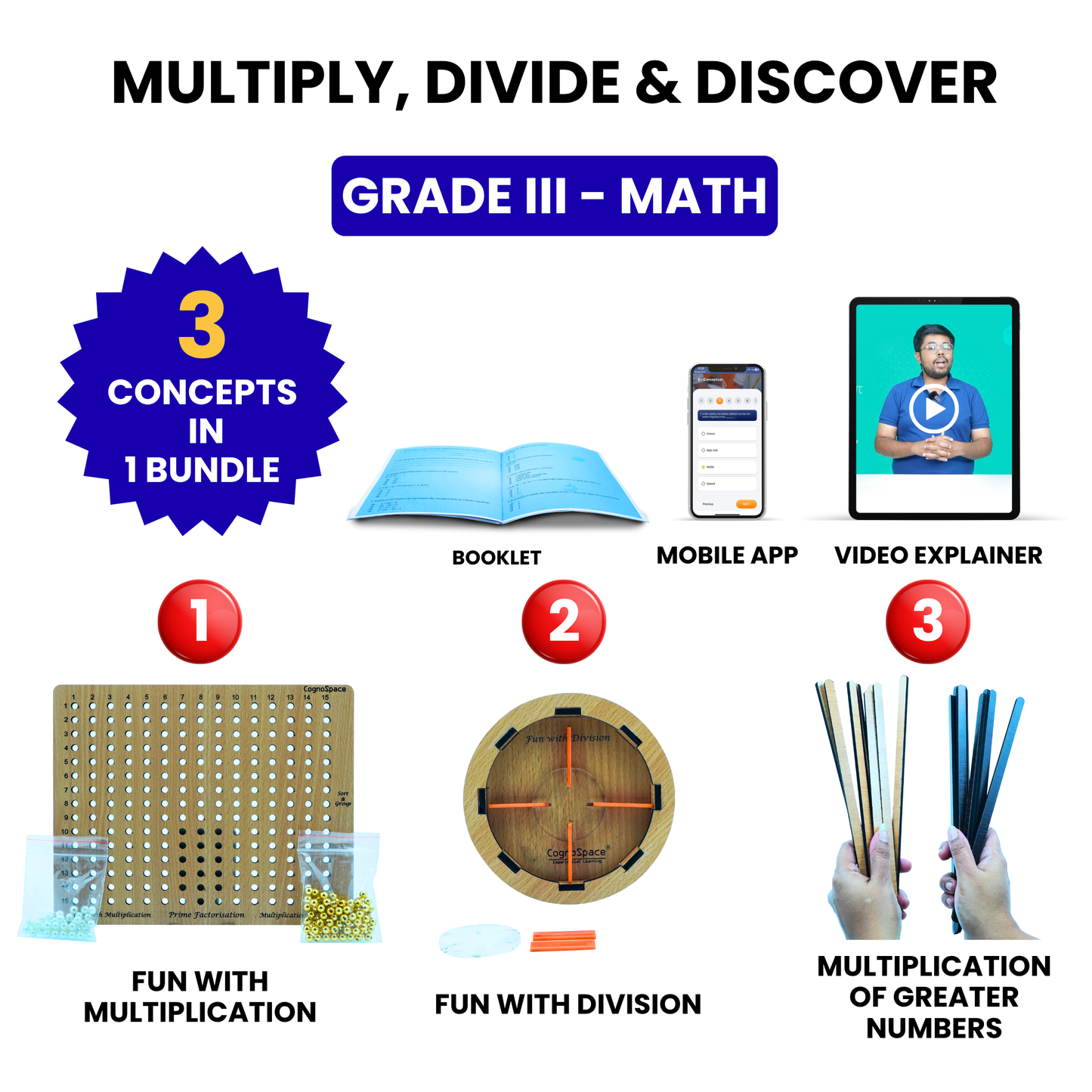Practiko Class 3 Math Kit – Multiply, Divide & Discover experiment setup; Student performing Multiply, Divide & Discover activity – Practiko math learning kit; Math concept demonstration from Multiply, Divide & Discover kit by Practiko; Hands-on learning with Practiko Multiply, Divide & Discover math STEM kit; Multiply, Divide & Discover kit materials and tools for Grade 3 math experiments