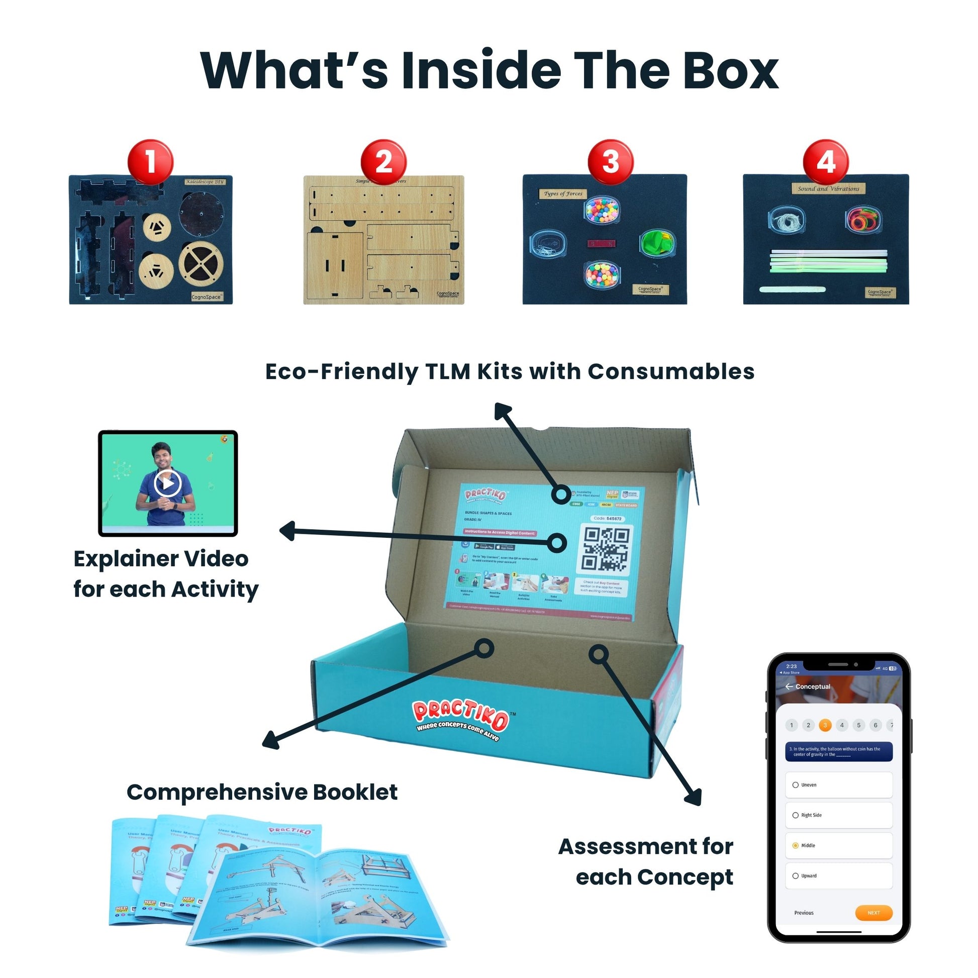 Practiko Class 5 Science Kit – Sound & Light experiment setup; Student performing Sound & Light activity – Practiko science learning kit; Science concept demonstration from Sound & Light kit by Practiko; Hands-on learning with Practiko Sound & Light science STEM kit; Sound & Light kit materials and tools for Grade 5 science experiments
