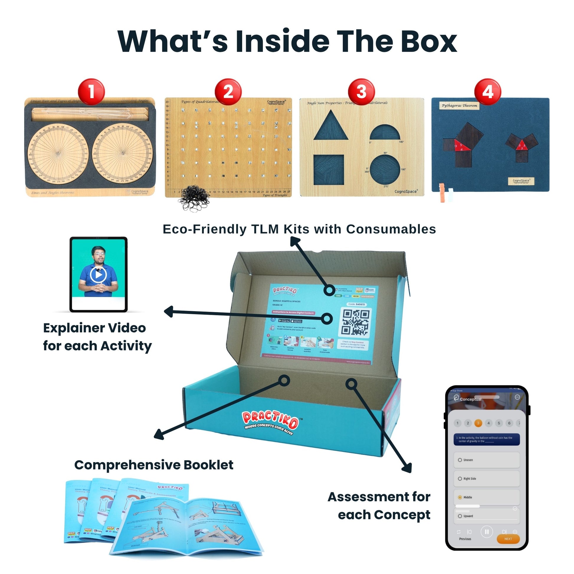 Practiko Class 7 Math Kit – Building Geometry Intuition experiment setup; Student performing Building Geometry Intuition activity – Practiko math learning kit; Math concept demonstration from Building Geometry Intuition kit by Practiko; Hands-on learning with Practiko Building Geometry Intuition math STEM kit; Building Geometry Intuition kit materials and tools for Grade 7 math experiments